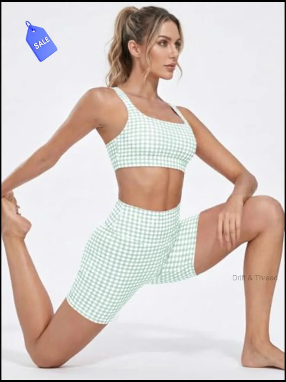 Gingham 2 Piece Outfit Padded Crop Tank High Waist Sports Shorts Set - Picture 2 of 7